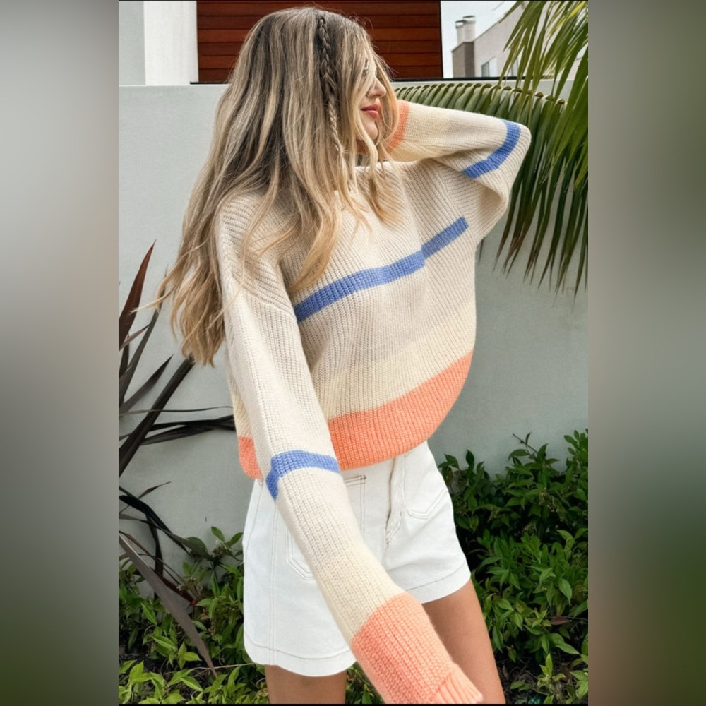 Presley - beige colorblock striped drop shoulder cozy sweater - Picture 2 of 4